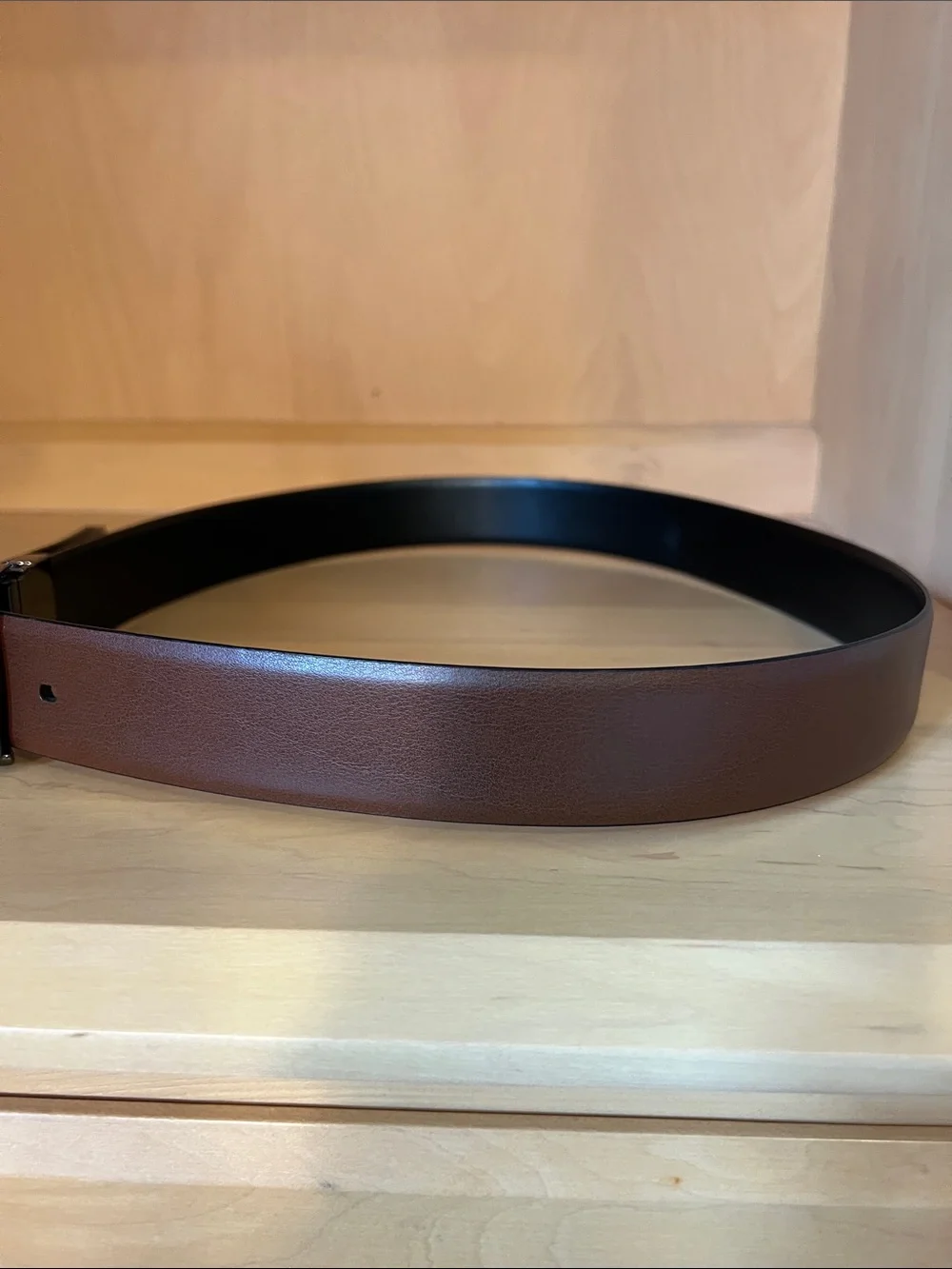 Reversible Black/Brown Leather Dress Belt with Textured Buckle